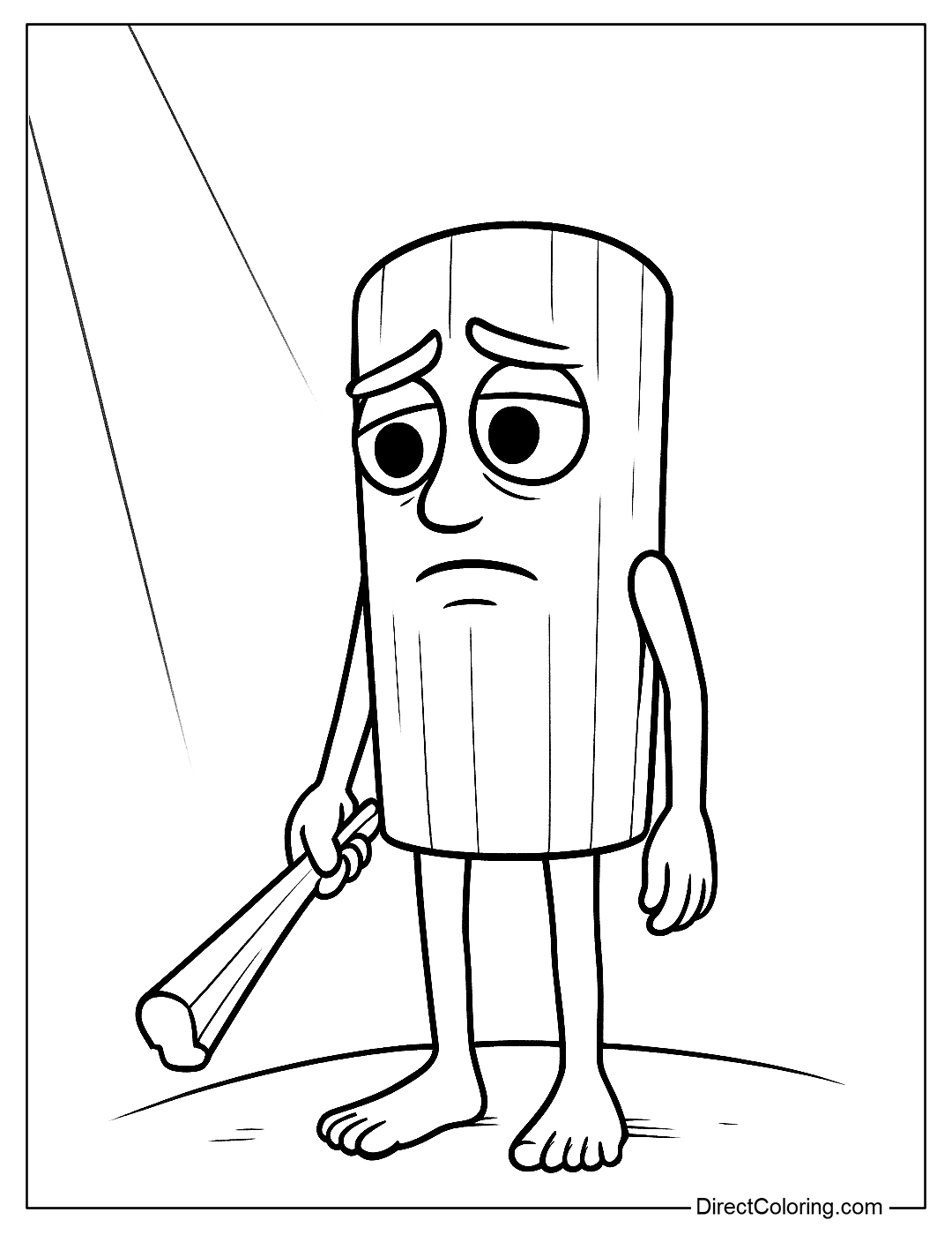 a coloring page of Sahur standing silently with the remaining half of the wooden stick, the light shining from afar